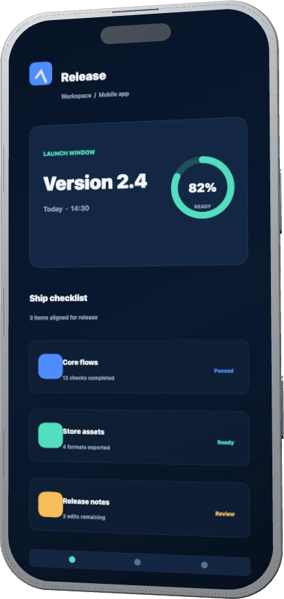 Illustrative demo output: the same release dashboard mapped onto a three-dimensional phone mockup with a launch-ready camera angle and material finish.